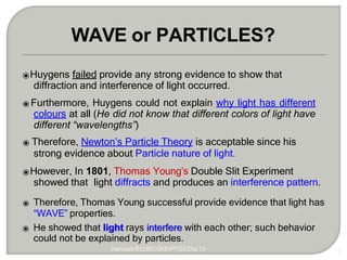 ⦿Huygens failed provide any strong evidence to show that
diffraction and interference of light occurred.
⦿ Furthermore, Huygens could not explain why light has different
colours at all (He did not know that different colors of light have
different “wavelengths”)
⦿ Therefore, Newton’s Particle Theory is acceptable since his
strong evidence about Particle nature of light.
⦿However, In 1801, Thomas Young’s Double Slit Experiment
showed that light diffracts and produces an interference pattern.
⦿ Therefore, Thomas Young successful provide evidence that light has
“WAVE” properties.
5
WAVE or PARTICLES?
⦿ He showed that light rays interfere with each other; such behavior
could not be explained by particles.
Hanisah/EO301/JKE/PTSS/Dis'13
 