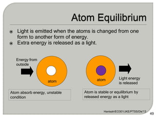 Atom absorb energy, unstable
condition
Atom is stable or equilibrium by
released energy as a light
⦿ Light is emitted when the atoms is changed from one
form to another form of energy.
Hanisah/EO301/JKE/PTSS/Dis'13
49
⦿ Extra energy is released as a light.
Energy from
outside
atom atom Light energy
is released
 