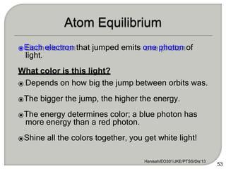 ⦿Each electron that jumped emits one photon of
light.
What color is this light?
⦿ Depends on how big the jump between orbits was.
⦿The bigger the jump, the higher the energy.
⦿The energy determines color; a blue photon has
more energy than a red photon.
⦿Shine all the colors together, you get white light!
Hanisah/EO301/JKE/PTSS/Dis'13
53
 