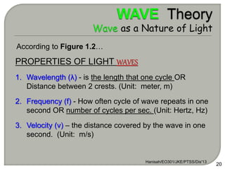 PROPERTIES OF LIGHT WAVES
1. Wavelength (λ) - is the length that one cycle OR
Distance between 2 crests. (Unit: meter, m)
2. Frequency (f) - How often cycle of wave repeats in one
second OR number of cycles per sec. (Unit: Hertz, Hz)
3. Velocity (v) – the distance covered by the wave in one
second. (Unit: m/s)
Hanisah/EO301/JKE/PTSS/Dis'13
20
According to Figure 1.2…
 