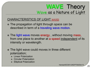 CHARACTERISTICS OF LIGHT WAVES
 The propagation of light through space can be
described in term of a traveling wave motion.
 The light wave moves energy , without moving mass,
from one place to another at a speed independent of its
intensity or wavelength.
 The light wave could moves in three different
polarization;
 Linear Polarization
 Circular Polarization
 Elliptical Polarization
Hanisah/EO301/JKE/PTSS/Dis'13
25
 
