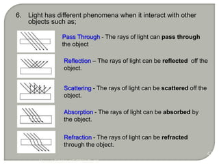 Pass Through - The rays of light can pass through
the object
Absorption - The rays of light can be absorbed by
the object.
Reflection – The rays of light can be reflected off the
object.
Scattering - The rays of light can be scattered off the
object.
Refraction - The rays of light can be refracted
through the object.
6. Light has different phenomena when it interact with other
objects such as;
Hanisah/EO301/JKE/PTSS/Dis'13
47
 