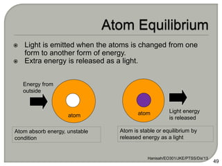 Atom absorb energy, unstable
condition
Atom is stable or equilibrium by
released energy as a light
 Light is emitted when the atoms is changed from one
form to another form of energy.
 Extra energy is released as a light.
Hanisah/EO301/JKE/PTSS/Dis'13
49
Energy from
outside
atom atom Light energy
is released
 