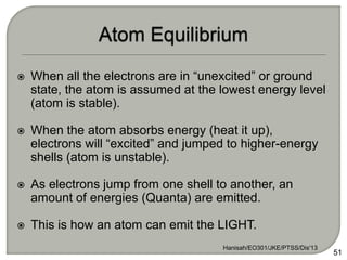  When all the electrons are in “unexcited” or ground
state, the atom is assumed at the lowest energy level
(atom is stable).
 When the atom absorbs energy (heat it up),
electrons will “excited” and jumped to higher-energy
shells (atom is unstable).
 As electrons jump from one shell to another, an
amount of energies (Quanta) are emitted.
 This is how an atom can emit the LIGHT.
Hanisah/EO301/JKE/PTSS/Dis'13
51
 