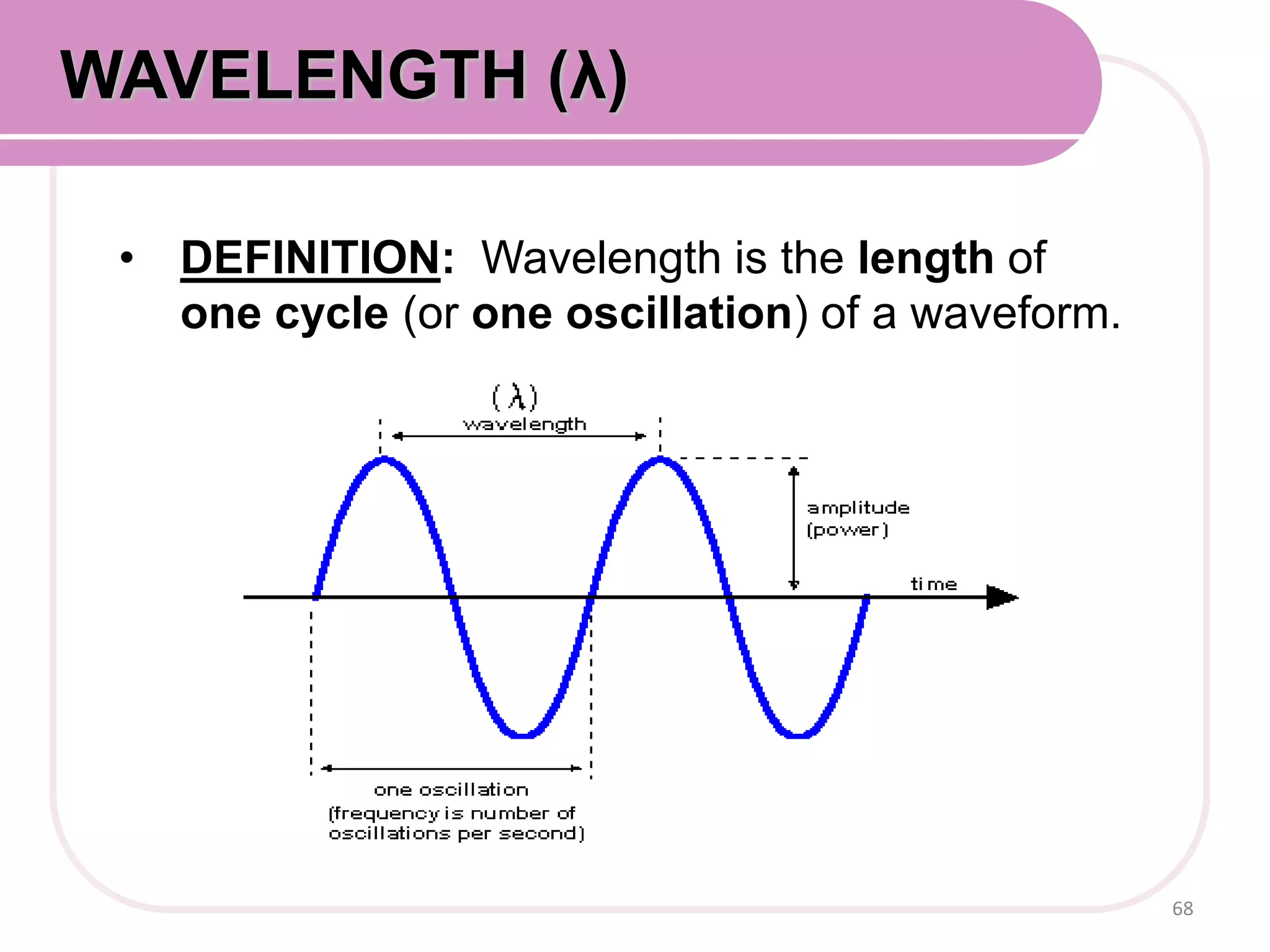 • DEFINITION: Wavelength is the length of
one cycle (or one oscillation) of a waveform.
68
WAVELENGTH (λ)
 