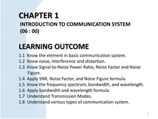 CHAPTER 1
INTRODUCTION TO COMMUNICATION SYSTEM
(06 : 00)
LEARNING OUTCOME
1.1 Know the element in basic communication system.
1.2 Know noise, interference and distortion.
1.3 Know Signal-to-Noise Power Ratio, Noise Factor and Noise
Figure.
1.4 Apply SNR, Noise Factor, and Noise Figure formula.
1.5 Know the frequency spectrum, bandwidth, and wavelength.
1.6 Apply bandwidth and wavelength formula.
1.7 Understand Transmission Modes.
1.8 Understand various types of communication system.
3
 