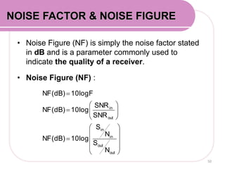 • Noise Figure (NF) is simply the noise factor stated
in dB and is a parameter commonly used to
indicate the quality of a receiver.
• Noise Figure (NF) :
50
NOISE FACTOR & NOISE FIGURE



















out
out
in
in
out
in
N
S
N
S
10logNF(dB)
SNR
SNR
10logNF(dB)
10logFNF(dB)
 