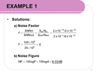 • Solutions:
a) Noise Factor
b) Noise Figure
52
EXAMPLE 1
4
1025
10100
F
10x/810x2
10x/210x2
/NS
/NS
SNRout
SNRin
F
6
6
12-4-
18-10-
outout
inin





6.02dB10log410logFNF 
 