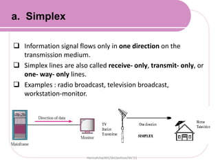  Information signal flows only in one direction on the
transmission medium.
 Simplex lines are also called receive- only, transmit- only, or
one- way- only lines.
 Examples : radio broadcast, television broadcast,
workstation-monitor.
Hanisah/ep301/jke/polisas/dis'11
a. Simplex
 