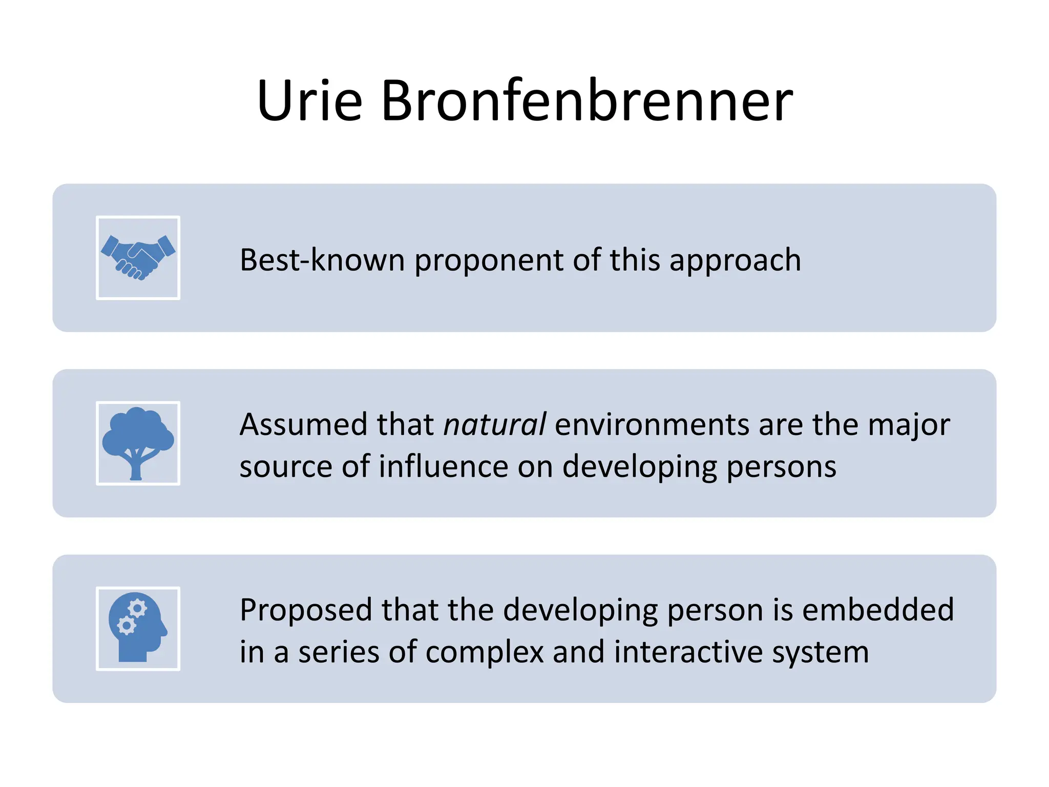 Urie Bronfenbrenner
Best-known proponent of this approach
Assumed that natural environments are the major
source of influence on developing persons
Proposed that the developing person is embedded
in a series of complex and interactive system
 