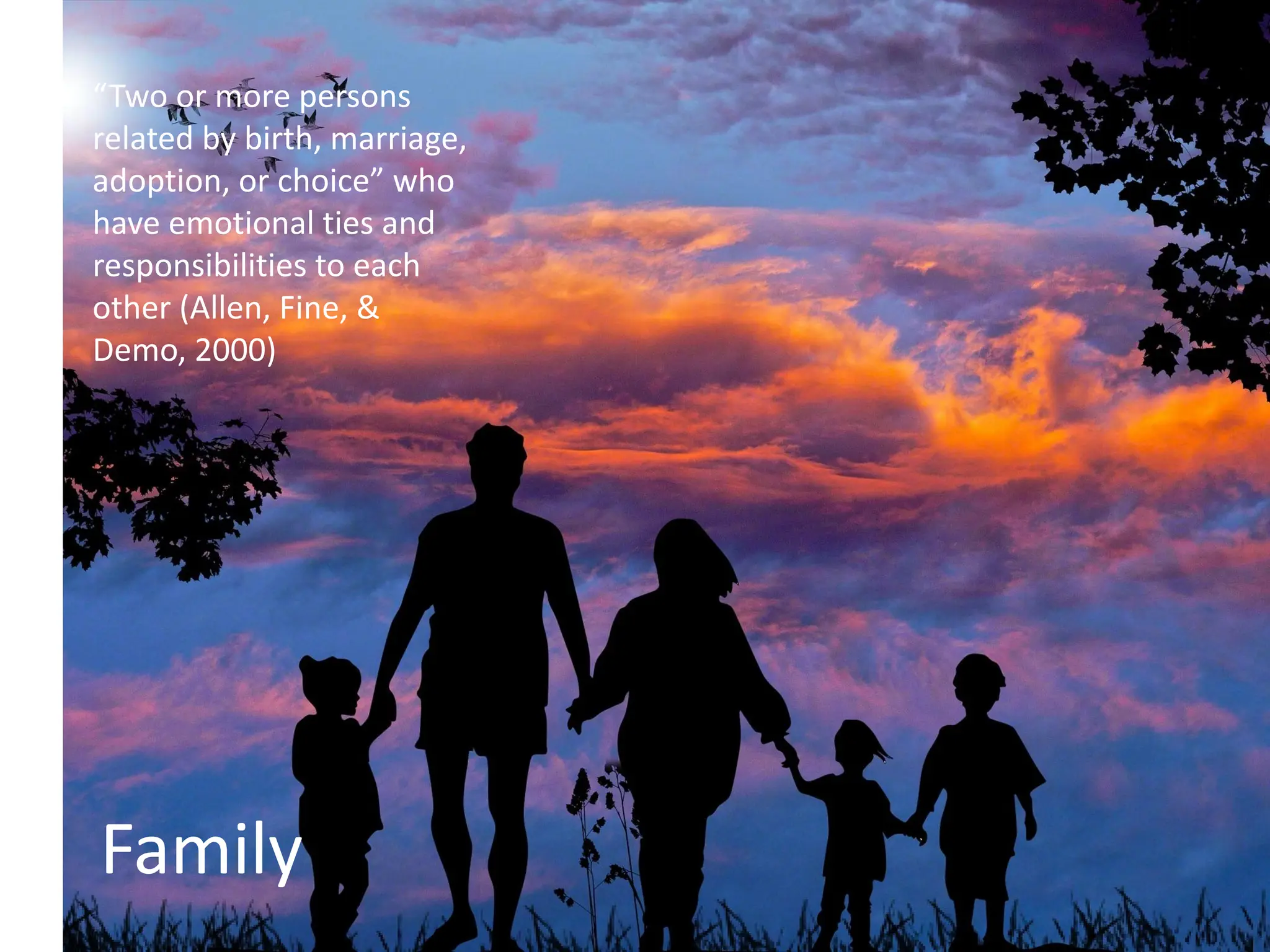 Family
“Two or more persons
related by birth, marriage,
adoption, or choice” who
have emotional ties and
responsibilities to each
other (Allen, Fine, &
Demo, 2000)
 