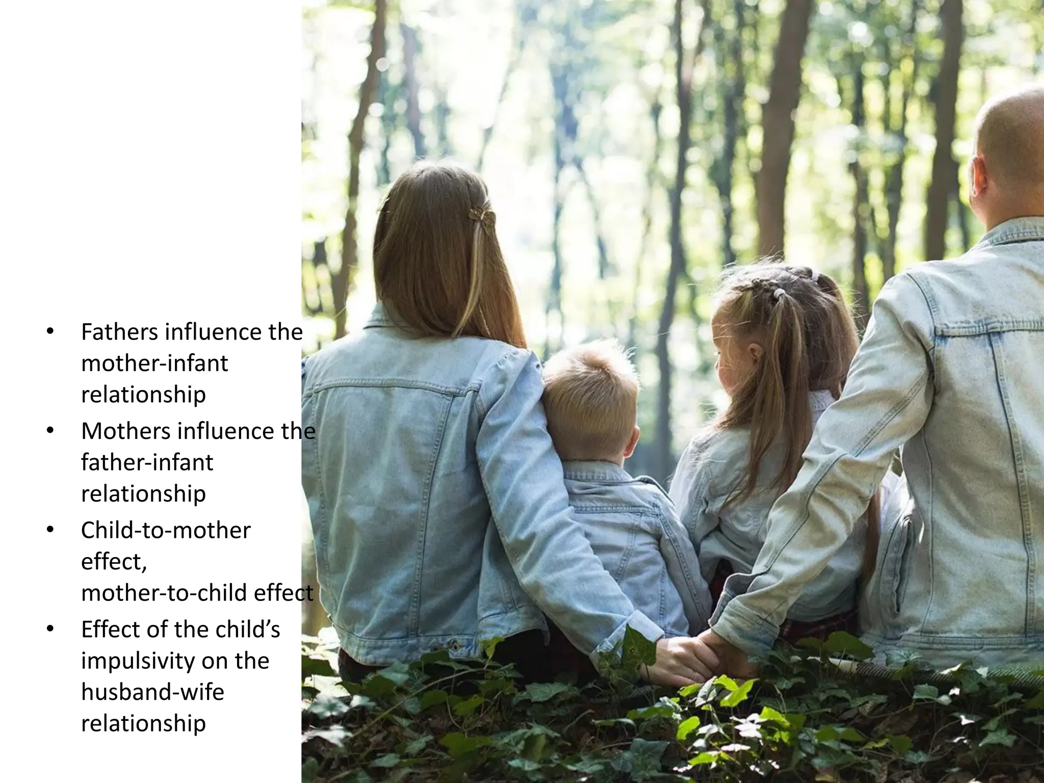 • Fathers influence the
mother-infant
relationship
• Mothers influence the
father-infant
relationship
• Child-to-mother
effect,
mother-to-child effect
• Effect of the child’s
impulsivity on the
husband-wife
relationship
 