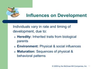 10
© 2009 by the McGraw-Hill Companies, Inc
Influences on Development
Individuals vary in rate and timing of
development, due to:
o Heredity: Inherited traits from biological
parents
o Environment: Physical & social influences
o Maturation: Sequences of physical &
behavioral patterns
 