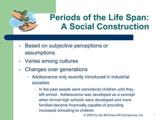 8
© 2009 by the McGraw-Hill Companies, Inc
Periods of the Life Span:
A Social Construction
• Based on subjective perceptions or
assumptions
• Varies among cultures
• Changes over generations
 Adolescence only recently introduced in industrial
societies
 In the past people were considered children until they
left school. Adolescence was developed as a concept
when formal high schools were developed and more
families become financially capable of providing
increased schooling to children
 