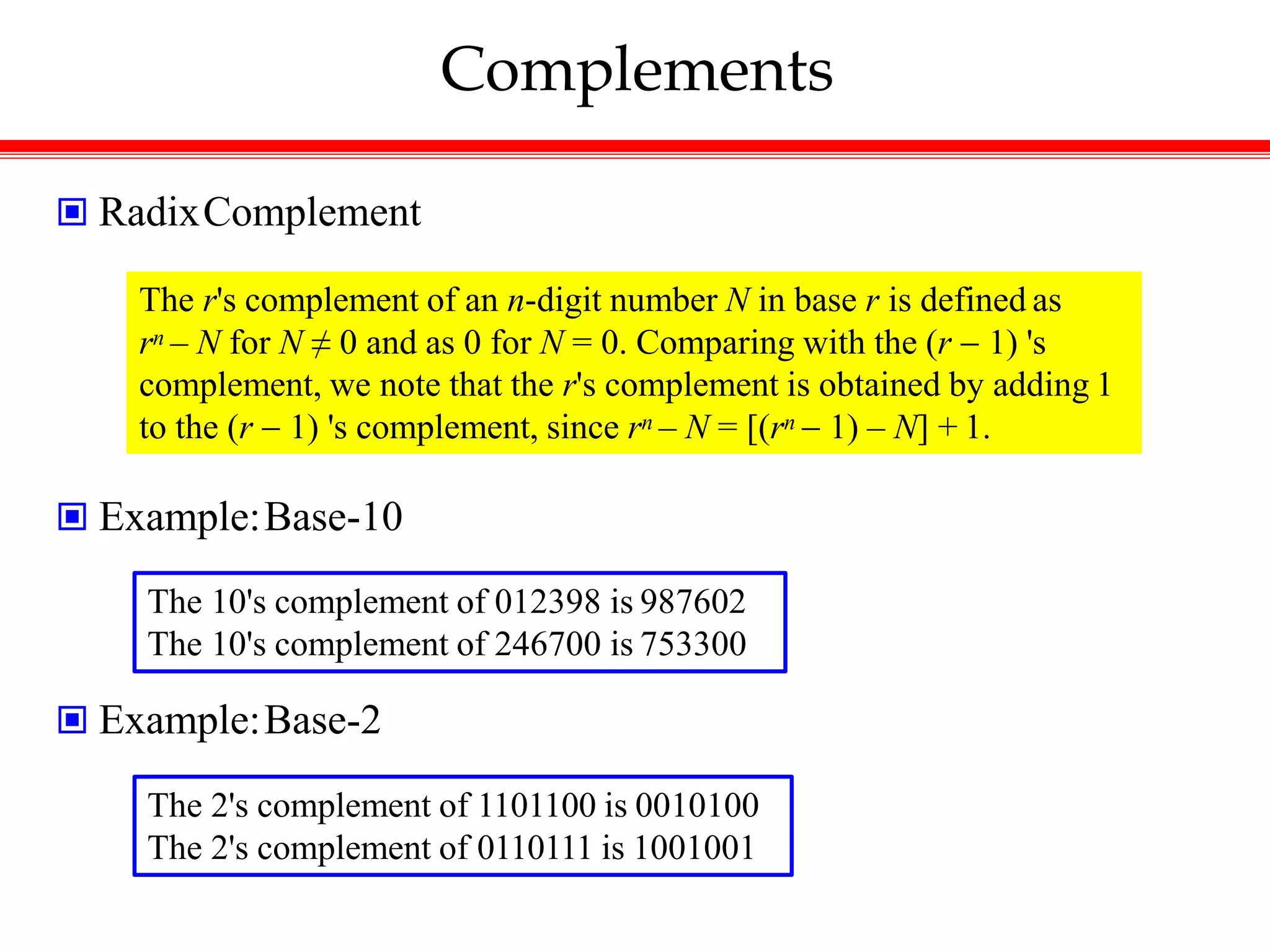 Complements
 RadixComplement
 Example:Base-10
 Example:Base-2
The r's complement of an n-digit number N in base r is defined as
rn – N for N ≠ 0 and as 0 for N = 0. Comparing with the (r  1) 's
complement, we note that the r's complement is obtained by adding 1
to the (r  1) 's complement, since rn – N = [(rn  1) – N] + 1.
The 10's complement of 012398 is 987602
The 10's complement of 246700 is 753300
The 2's complement of 1101100 is 0010100
The 2's complement of 0110111 is 1001001
 