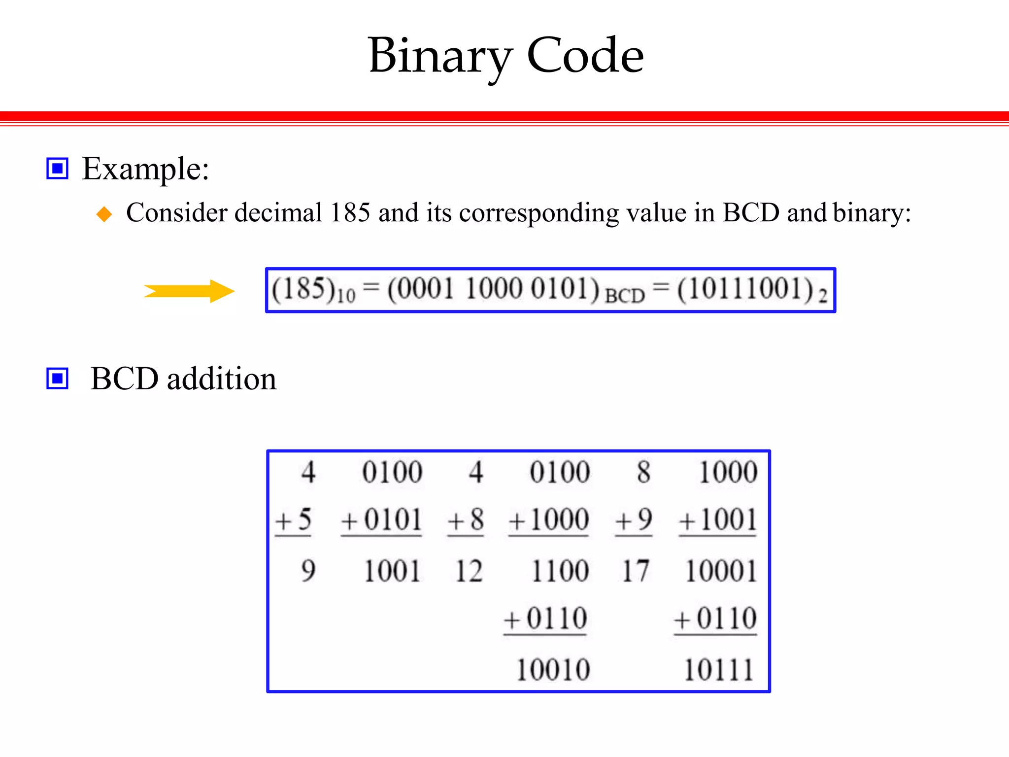 Binary Code
 Example:
 Consider decimal 185 and its corresponding value in BCD and binary:
 BCD addition
 