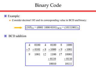 Binary Code
 Example:
 Consider decimal 185 and its corresponding value in BCD and binary:
 BCD addition
 