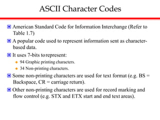 ASCII Character Codes
 American Standard Code for Information Interchange (Refer to
Table 1.7)
 A popular code used to represent information sent as character-
based data.
 It uses 7-bits torepresent:
 94 Graphic printing characters.
 34 Non-printing characters.
 Some non-printing characters are used for text format (e.g. BS =
Backspace, CR = carriage return).
 Other non-printing characters are used for record marking and
flow control (e.g. STX and ETX start and end text areas).
 