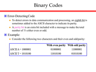 Binary Codes
 Error-DetectingCode
 To detect errors in data communication and processing, an eighth bit is
sometimes added to the ASCII character to indicate its parity.
 A parity bit is an extra bit included with a message to make the total
number of 1's either even or odd.
 Example:
 Consider the following two characters and their even and oddparity:
 