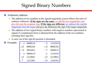 Signed Binary Numbers
 Arithmetic addition
 The addition of two numbers in the signed-magnitude system follows the rules of
ordinary arithmetic. If the signs are the same, we add the two magnitudes and
give the sum the common sign. If the signs are different, we subtract the smaller
magnitude from the larger and give the difference the sign if the larger magnitude.
 The addition of two signed binary numbers with negative numbers represented in
signed-2's-complement form is obtained from the addition of the two numbers,
including their sign bits.
 A carry out of the sign-bit position is discarded.
 Example:
 
