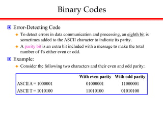 Binary Codes
 Error-Detecting Code
 To detect errors in data communication and processing, an eighth bit is
sometimes added to the ASCII character to indicate its parity.
 A parity bit is an extra bit included with a message to make the total
number of 1's either even or odd.
 Example:
 Consider the following two characters and their even and odd parity:
 