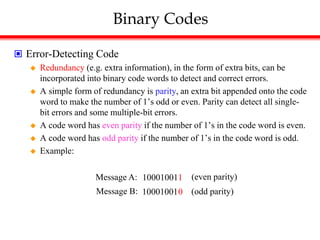 Binary Codes
 Error-Detecting Code
 Redundancy (e.g. extra information), in the form of extra bits, can be
incorporated into binary code words to detect and correct errors.
 A simple form of redundancy is parity, an extra bit appended onto the code
word to make the number of 1’s odd or even. Parity can detect all single-
bit errors and some multiple-bit errors.
 A code word has even parity if the number of 1’s in the code word is even.
 A code word has odd parity if the number of 1’s in the code word is odd.
 Example:
10001001
10001001
1
0 (odd parity)
Message B:
Message A: (even parity)
 