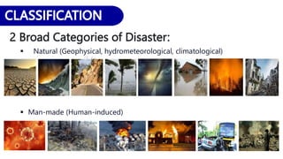 2 Broad Categories of Disaster:
 Natural (Geophysical, hydrometeorological, climatological)
 Man-made (Human-induced)
 