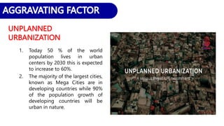 1. Today 50 % of the world
population lives in urban
centers by 2030 this is expected
to increase to 60%.
2. The majority of the largest cities,
known as Mega Cities are in
developing countries while 90%
of the population growth of
developing countries will be
urban in nature.
UNPLANNED
URBANIZATION
 
