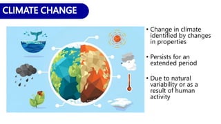 • Change in climate
identified by changes
in properties
• Persists for an
extended period
• Due to natural
variability or as a
result of human
activity
 
