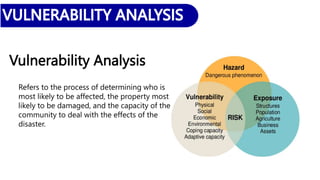 Vulnerability Analysis
Refers to the process of determining who is
most likely to be affected, the property most
likely to be damaged, and the capacity of the
community to deal with the effects of the
disaster.
 