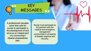 KEY
MESSAGES
A professional mandate
exists that calls for
nurses to participate in
the development of and
serve as an integral part
of a community’s
disaster preparedness
plan.
Nurses must participate as
full partners with the
medical and emergency
management
communities in all aspects
of disaster response and
recovery.
 