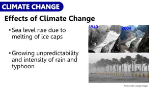 •Sea level rise due to
melting of ice caps
•Growing unpredictability
and intensity of rain and
typhoon
1940 2004
Photo credit:: Google Images
Effects of Climate Change
 
