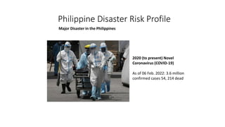 Philippine Disaster Risk Profile
Major Disaster in the Philippines
2020 (to present) Novel
Coronavirus (COVID-19)
As of 06 Feb. 2022: 3.6 million
confirmed cases 54, 214 dead
 