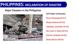 Major Disasters in the Philippines
2019 Major Earthquakes
Porac, Pampanga (M 6.1)
Itbayat, Batanes (M 5.9)
Castillejos, Zambales (M 5.9)
San Julian, E. Samar (M 6.5)
Tulunan, Cotabato (M 6.6)
Davao Del Sur (M 6.9)
 