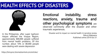Emotional instability, stress
reactions, anxiety, trauma and
other psychological symptoms are
observed commonly after the disaster and other
traumatic experiences.
Disaster and its impact on mental health: A narrative review
Nikunj Makwana
Published online 2019 Oct 31
In the Philippines, after super typhoon
Haiyan affected the Visayas Region,
approximately 800,000 people suffered
from mental health problems. Of this
number, about 10% or 80,000 people
were dealing with severe depression
https://bmcproc.biomedcentral.com/articles/
 