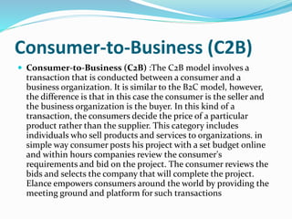 Consumer-to-Business (C2B)
 Consumer-to-Business (C2B) :The C2B model involves a
transaction that is conducted between a consumer and a
business organization. It is similar to the B2C model, however,
the difference is that in this case the consumer is the seller and
the business organization is the buyer. In this kind of a
transaction, the consumers decide the price of a particular
product rather than the supplier. This category includes
individuals who sell products and services to organizations. in
simple way consumer posts his project with a set budget online
and within hours companies review the consumer's
requirements and bid on the project. The consumer reviews the
bids and selects the company that will complete the project.
Elance empowers consumers around the world by providing the
meeting ground and platform for such transactions
 