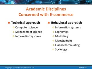Academic Disciplines
Concerned with E-commerce
 Technical approach
 Computer science
 Management science
 Information systems
 Behavioral approach
 Information systems
 Economics
 Marketing
 Management
 Finance/accounting
 Sociology
Copyright © 2016 Pearson Education, Ltd. Slide 1-22
 