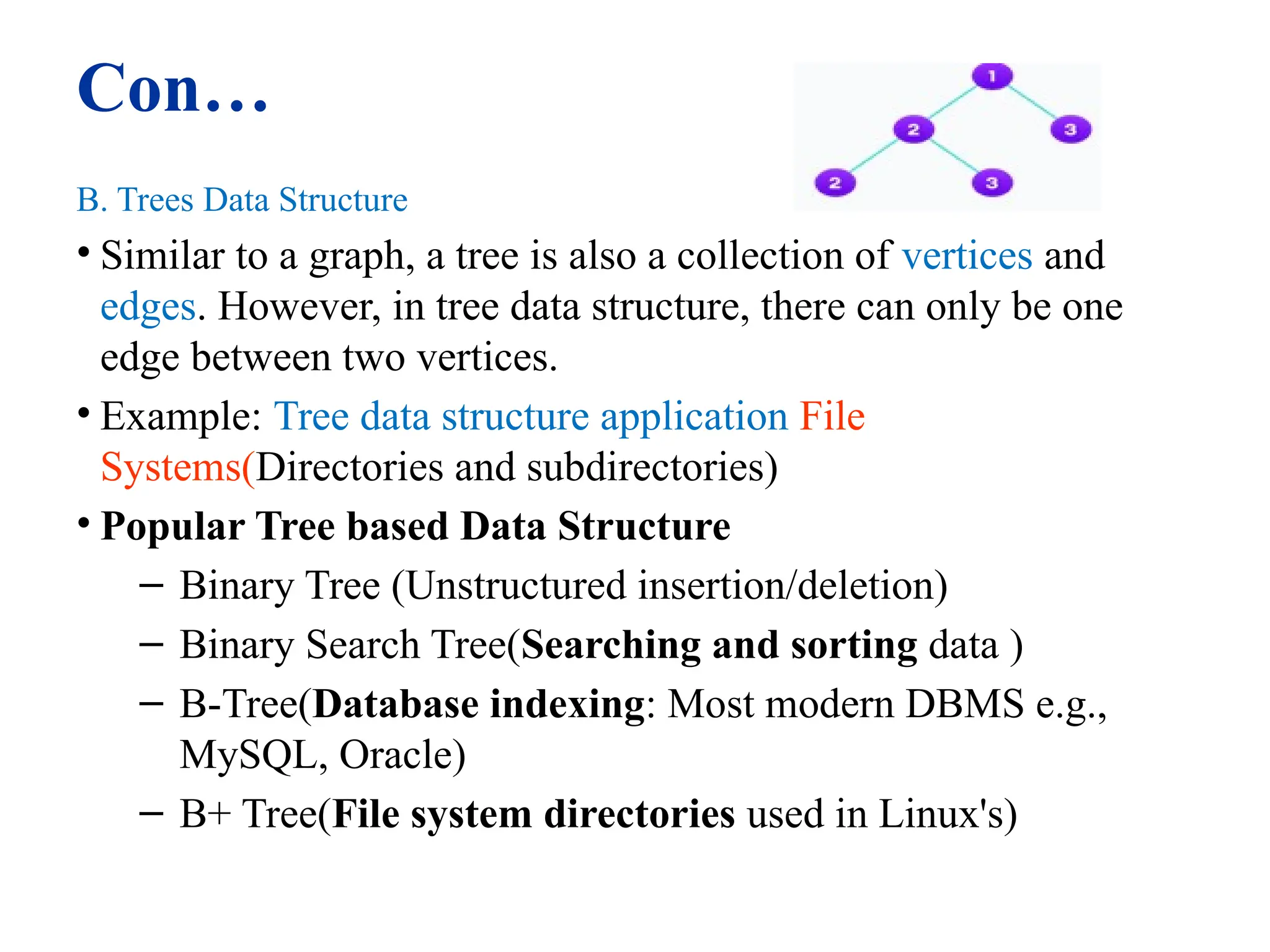 Con…
B. Trees Data Structure
• Similar to a graph, a tree is also a collection of vertices and
edges. However, in tree data structure, there can only be one
edge between two vertices.
• Example: Tree data structure application File
Systems(Directories and subdirectories)
• Popular Tree based Data Structure
– Binary Tree (Unstructured insertion/deletion)
– Binary Search Tree(Searching and sorting data )
– B-Tree(Database indexing: Most modern DBMS e.g.,
MySQL, Oracle)
– B+ Tree(File system directories used in Linux's)
11
 