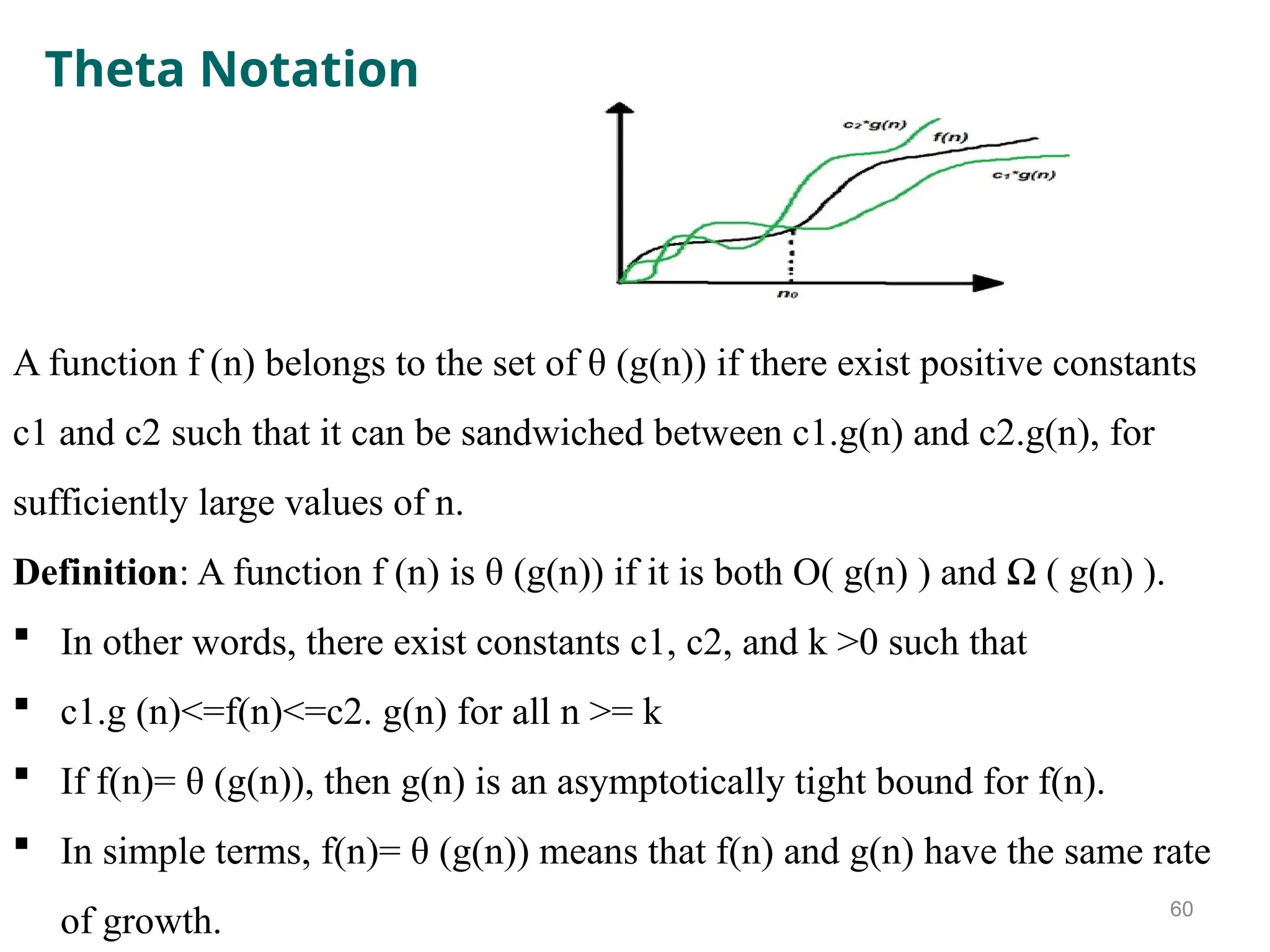 Theta Notation
A function f (n) belongs to the set of θ (g(n)) if there exist positive constants
c1 and c2 such that it can be sandwiched between c1.g(n) and c2.g(n), for
sufficiently large values of n.
Definition: A function f (n) is θ (g(n)) if it is both O( g(n) ) and Ω ( g(n) ).
 In other words, there exist constants c1, c2, and k >0 such that
 c1.g (n)<=f(n)<=c2. g(n) for all n >= k
 If f(n)= θ (g(n)), then g(n) is an asymptotically tight bound for f(n).
 In simple terms, f(n)= θ (g(n)) means that f(n) and g(n) have the same rate
of growth. 60
 