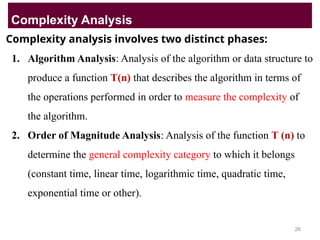 Complexity analysis involves two distinct phases:
1. Algorithm Analysis: Analysis of the algorithm or data structure to
produce a function T(n) that describes the algorithm in terms of
the operations performed in order to measure the complexity of
the algorithm.
2. Order of Magnitude Analysis: Analysis of the function T (n) to
determine the general complexity category to which it belongs
(constant time, linear time, logarithmic time, quadratic time,
exponential time or other).
Complexity Analysis
26
 