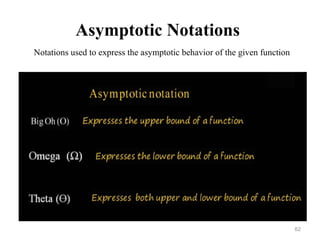 Asymptotic Notations
Notations used to express the asymptotic behavior of the given function
62
 