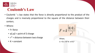 • Coulomb ’ s law states that the force is directly proportional to the product of the
charges and is inversely proportional to the square of the distance between their
centers.
• Where:
• F= force
• q1,q2 = point of 2 charge
• 𝑟2 = distance between two charge
• K = constant
Coulomb’s Law
2
2
1
r
q
q
k
F =
Where,
k = 9 x 109 N ·m2/C2
 