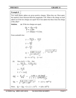 PHYSICS GRADE 11
AUTHOR: Eng. ABDULAHI SAHAL Tell: 0616139496/ 0613685872 PAGE 9
Two small plastic sphere are given positive charges. When they are 30cm apart,
the repulsive force between them has magnitude 1.6N. What is the charge on each
sphere (a) if the two charges are equal? (b) if one sphere has three times the charge
of the other?
Solution. (a) If the two charges are equal,
From coulomb's law:
Since;
Example 8
 