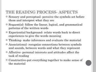 THE READING PROCESS- ASPECTS Sensory and perceptual- perceive the symbols set before them and interpret what they see Sequential- follow the linear, logical, and grammatical patterns of the written words Experiential background- relate words back to direct experiences to give the words meaning Thinking- make inferences and evaluate the material Associational- recognize connections between symbols and sounds, between words and what they represent Affective- personal interests and attitudes affect the task of reading Constructive-put everything together to make sense of the material 