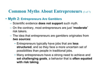 Common Myths About Entrepreneurs (3 of 7)
• Myth 2: Entrepreneurs Are Gamblers
– Scientific evidence does not support such myth.
– On the contrary, most entrepreneurs are just “moderate”
risk takers.
– The idea that entrepreneurs are gamblers originates from
two sources:
▪ Entrepreneurs typically have jobs that are less
structured, and so they face a more uncertain set of
possibilities than people in traditional jobs.
▪ Many entrepreneurs have a strong need to achieve and
set challenging goals, a behavior that is often equated
with risk taking.
 