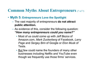 Common Myths About Entrepreneurs (7 of 7)
• Myth 5: Entrepreneurs Love the Spotlight
– The vast majority of entrepreneurs do not attract
public attention.
– As evidence of this, consider the following question:
“How many entrepreneurs could you name?”
▪ Most of us could come up with Jeff Bezos of
Amazon.com, Mark Zuckerberg of Facebook, Larry
Page and Sergey Brin of Google or Elon Musk of
Tesla.
▪ But few could name the founders of many other
businesses including Netflix and YouTube even
though we frequently use those firms’ services.
 