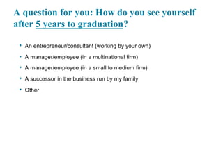 A question for you: How do you see yourself
after 5 years to graduation?
• An entrepreneur/consultant (working by your own)
• A manager/employee (in a multinational firm)
• A manager/employee (in a small to medium firm)
• A successor in the business run by my family
• Other
 
