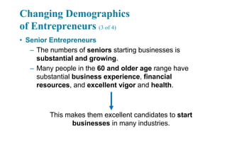 Changing Demographics
of Entrepreneurs (3 of 4)
• Senior Entrepreneurs
– The numbers of seniors starting businesses is
substantial and growing.
– Many people in the 60 and older age range have
substantial business experience, financial
resources, and excellent vigor and health.
This makes them excellent candidates to start
businesses in many industries.
 