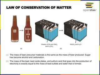 (a) The mass of beer precursor materials is the same as the mass of beer produced: Sugar
has become alcohol and carbonation.
(b) The mass of the lead, lead oxide plates, and sulfuric acid that goes into the production of
electricity is exactly equal to the mass of lead sulfate and water that is formed.
LAW OF CONSERVATION OF MATTER
 