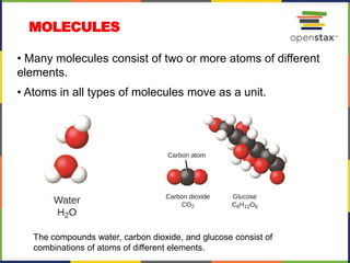 • Many molecules consist of two or more atoms of different
elements.
• Atoms in all types of molecules move as a unit.
The compounds water, carbon dioxide, and glucose consist of
combinations of atoms of different elements.
MOLECULES
 